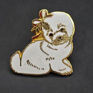 Christmas Seal Pin White Enamel Holly Bichon Frise Vintage Costume Jewelry